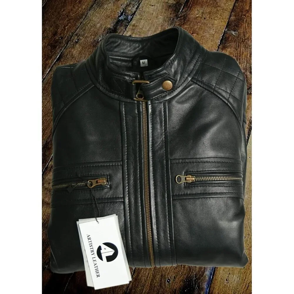 Men’s Black Genuine Leather Biker Jacket Black Brown Vintage Motorcycle - Picture 6 of 7